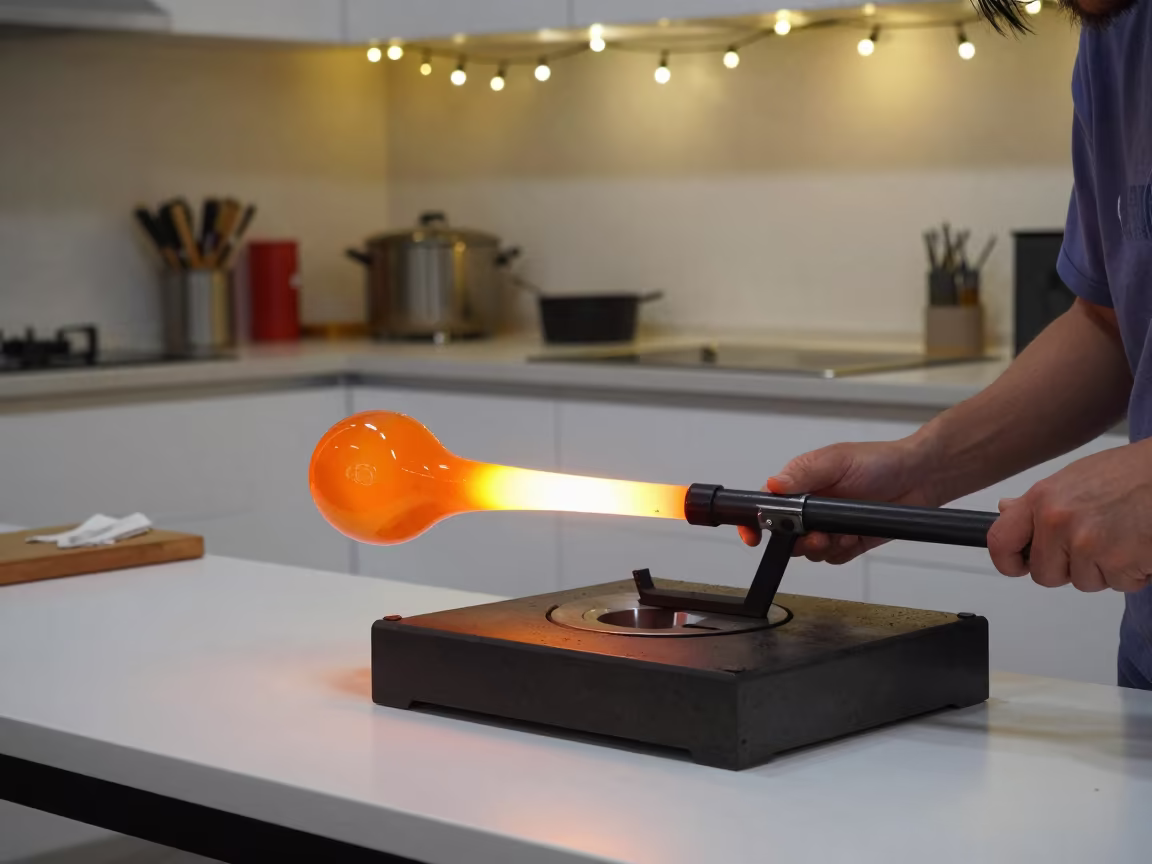 Glassblower Gathers Molten Glass Night Kitchen in in a kitchen in Breda