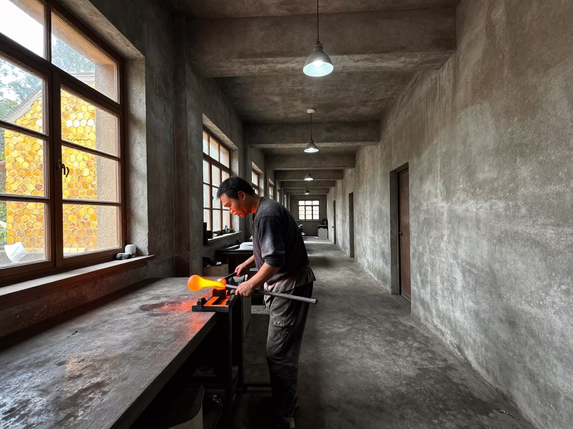 Glassblower in Honey Light Near Bakery Counter in in an atelier in Tongi