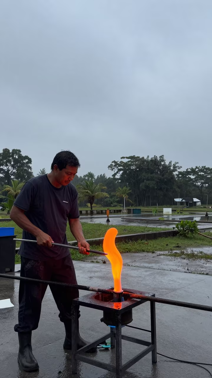 Glassblower Pulls Molten Sculpture in Rain in near Kulim