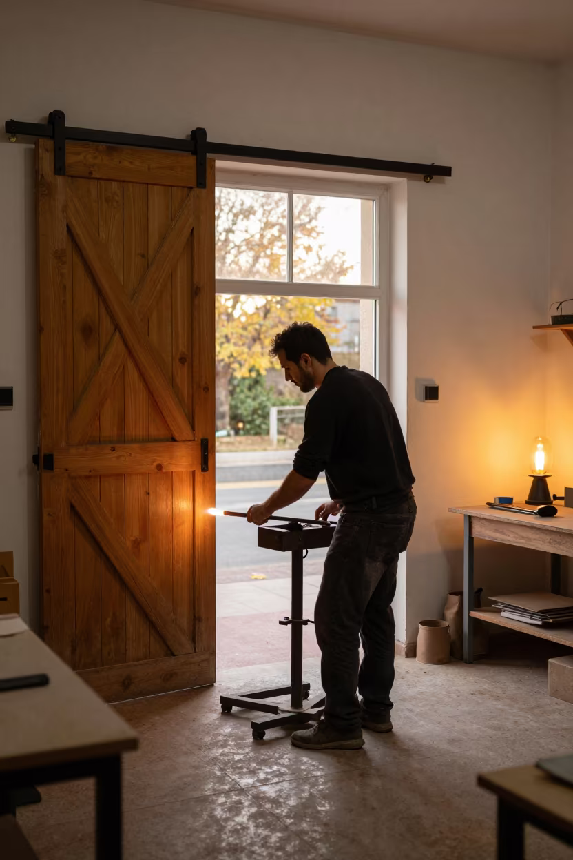 Glassblower Resting by Barn Door in Ramat Gan Atelier in in an atelier in Ramat Gan