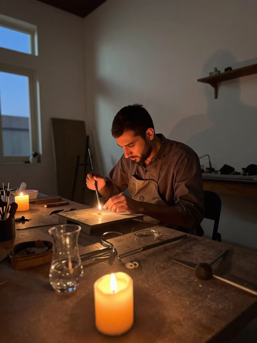 Glassblower Resting Before Shift in Sharjah in in a rehearsal room in Sharjah