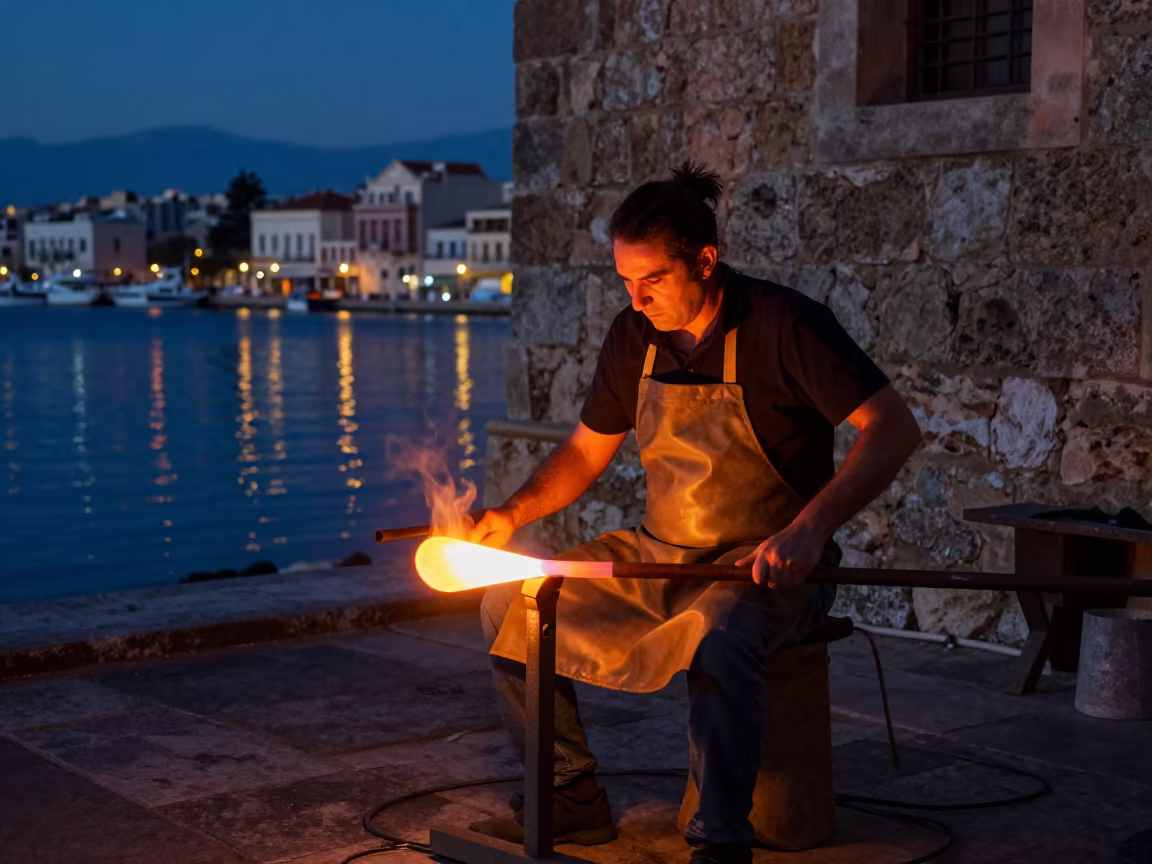 Glassblower Sculpting Hot Glass in Heraklion in in the old quarter in Heraklion