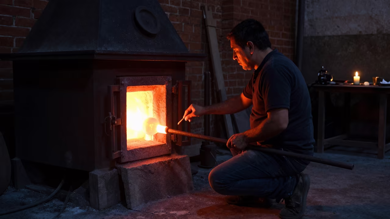 Glassblower Shapes Goblet in Oaxaca Furnace in in a foundry in Oaxaca