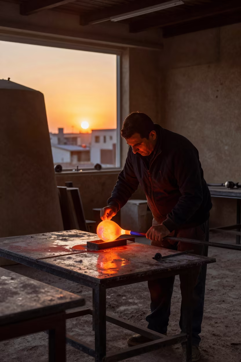 Glassblower Shapes Molten Glass at Sunset in Idlib Foundry in in a foundry in Idlib