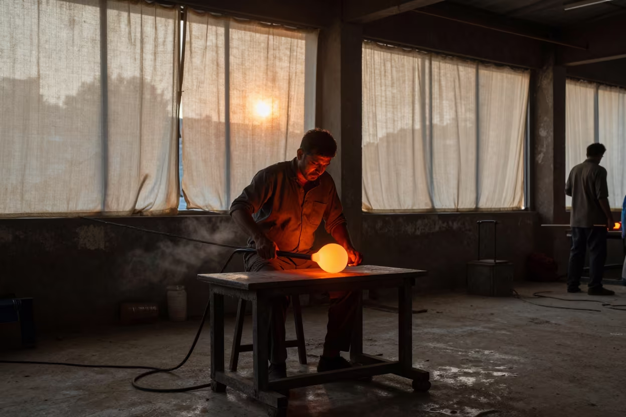 Glassblower Shapes Molten Glass Near Second Sun in in a warehouse loft in Ajmer