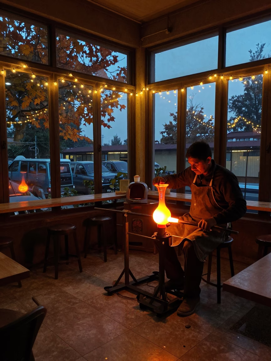 Glassblower Shapes Vase in Abbottabad Cafe Dawn in in a cafe in Abbottabad