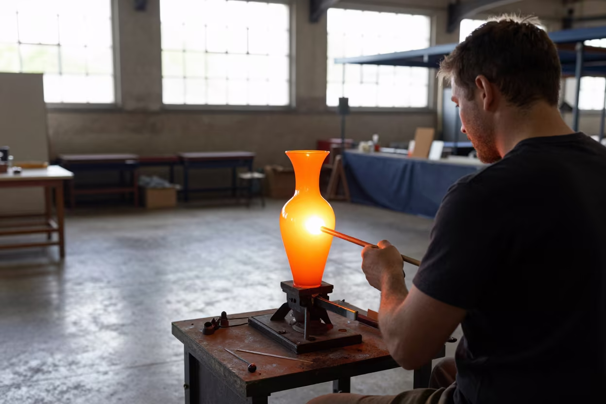 Glassblower Shapes Vase in St Johns Market Hall in in a market hall in St Johns