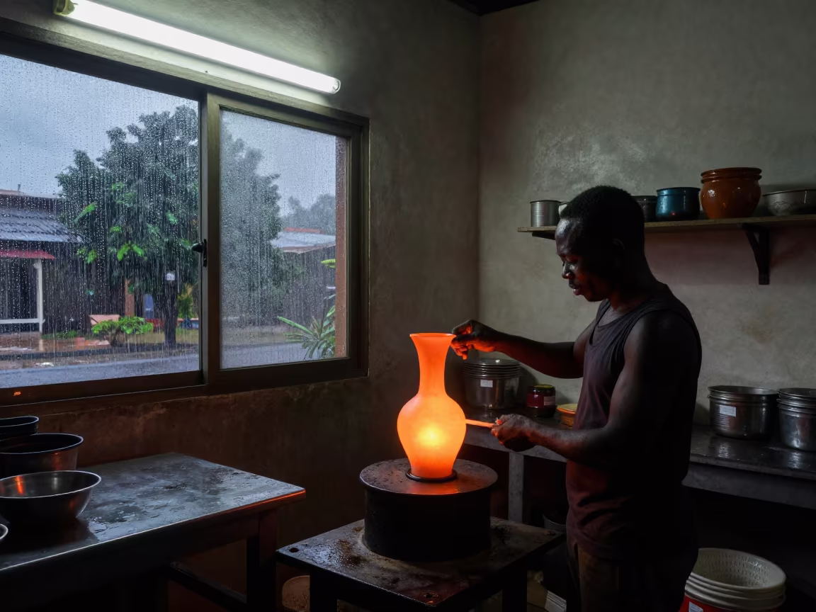 Glassblower Shapes Vase in Toamasina Kitchen Dawn in in a kitchen in Toamasina