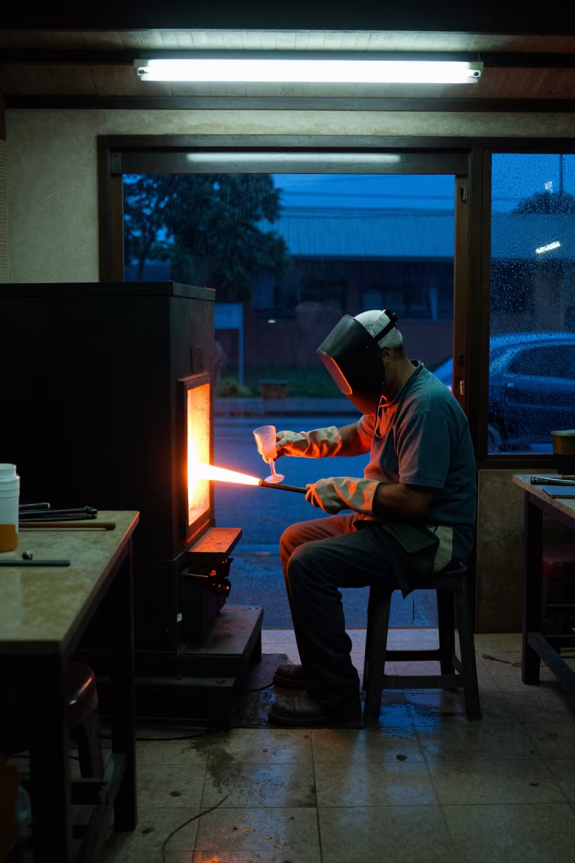 Glassblower Shaping Goblet in Grand-Bassam Cafe in in a cafe in Grand-Bassam