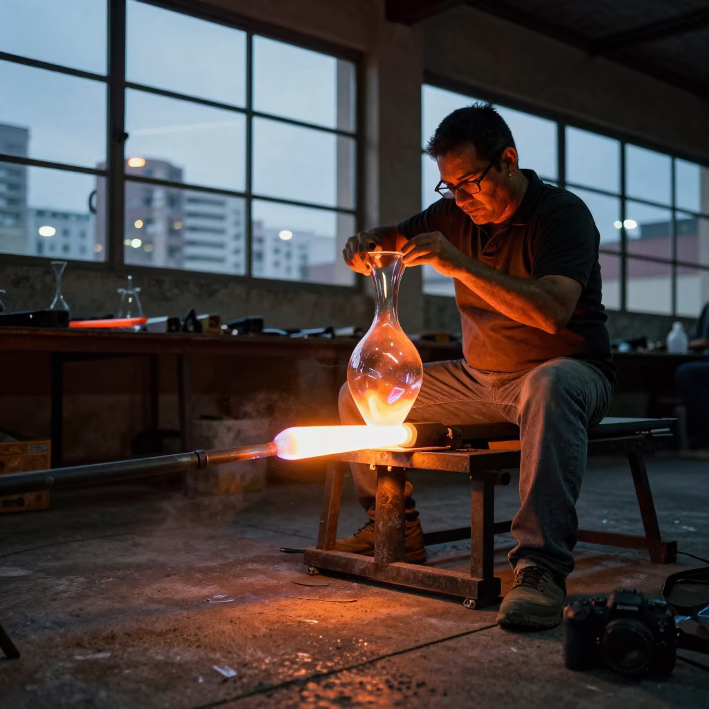 Glassblower Shaping Vase in Barquisimeto Workshop in in a workshop in Barquisimeto