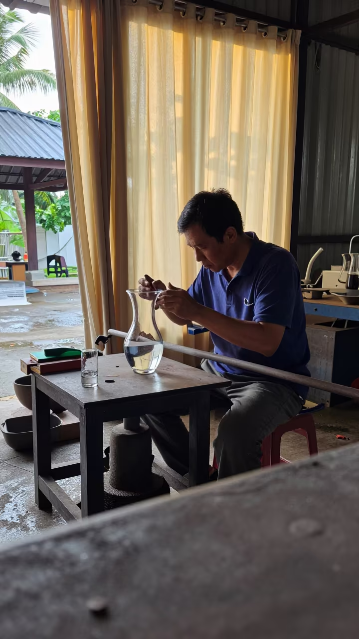 Glassblower Shaping Vase in Da Nang Foundry in in a foundry in Da Nang