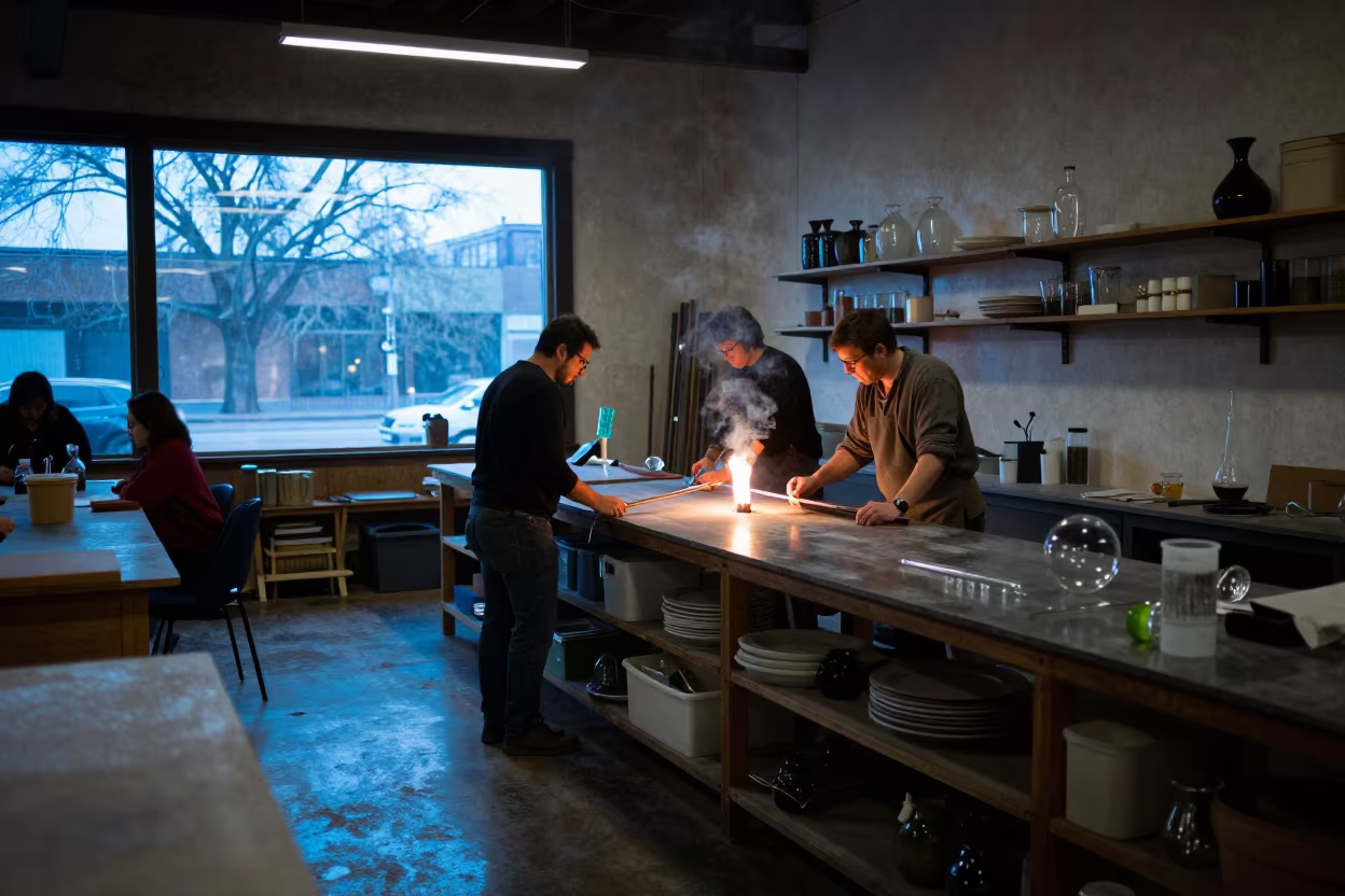 Glassblower at South Congress Bakery Counter in in a workshop in South Congress, Austin