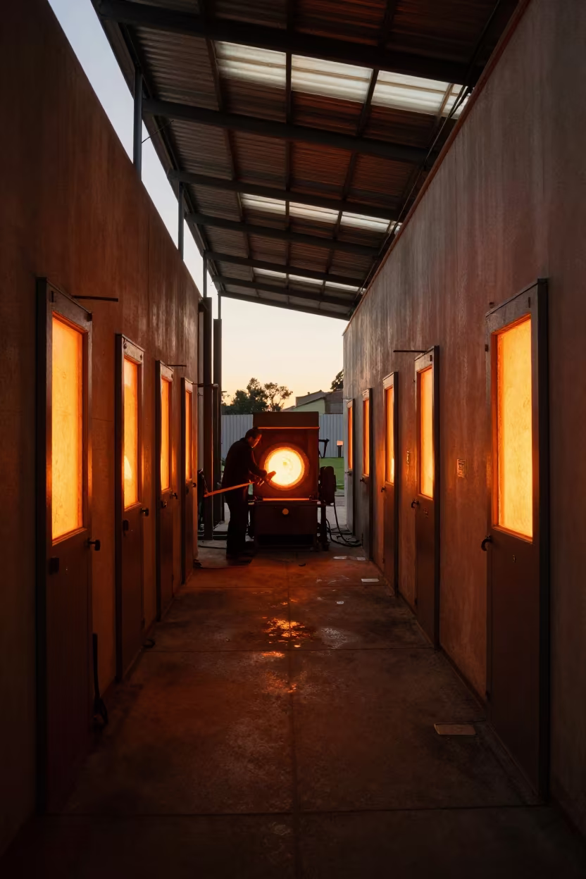 Glassblower in Surreal Amber Factory Corridor in on a factory floor near Port Elizabeth