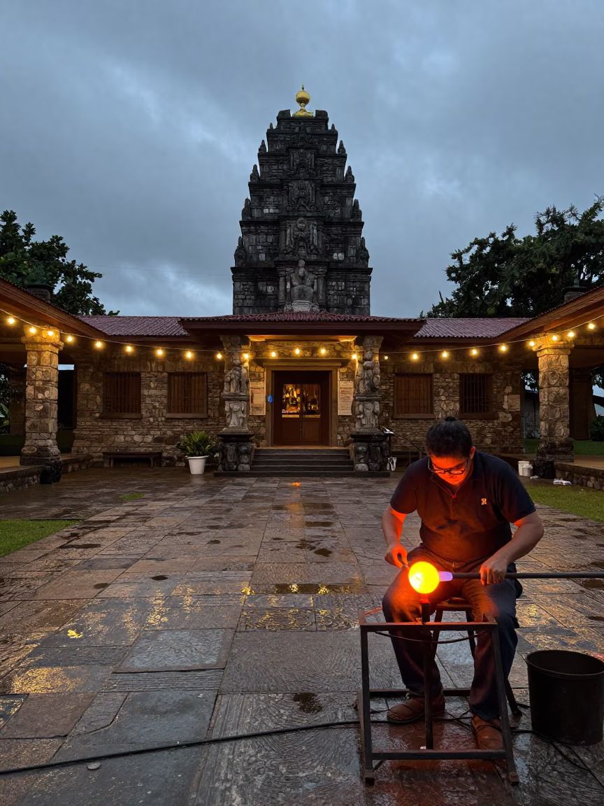 Glassblowing in Natal Temple Courtyard at Predawn in in a temple courtyard in Natal