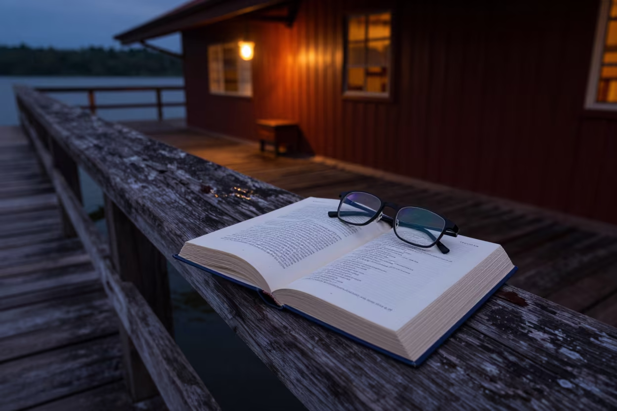 Glasses on Poetry Book Pier Railing Firelight in on a pier railing in Tawau