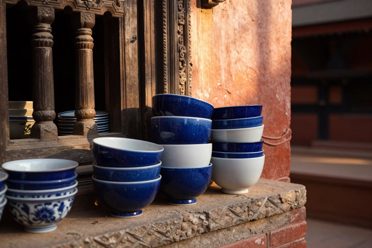 Glazed Blue And White Porcelain Bowls in Kathmandu in in Kathmandu, Nepal