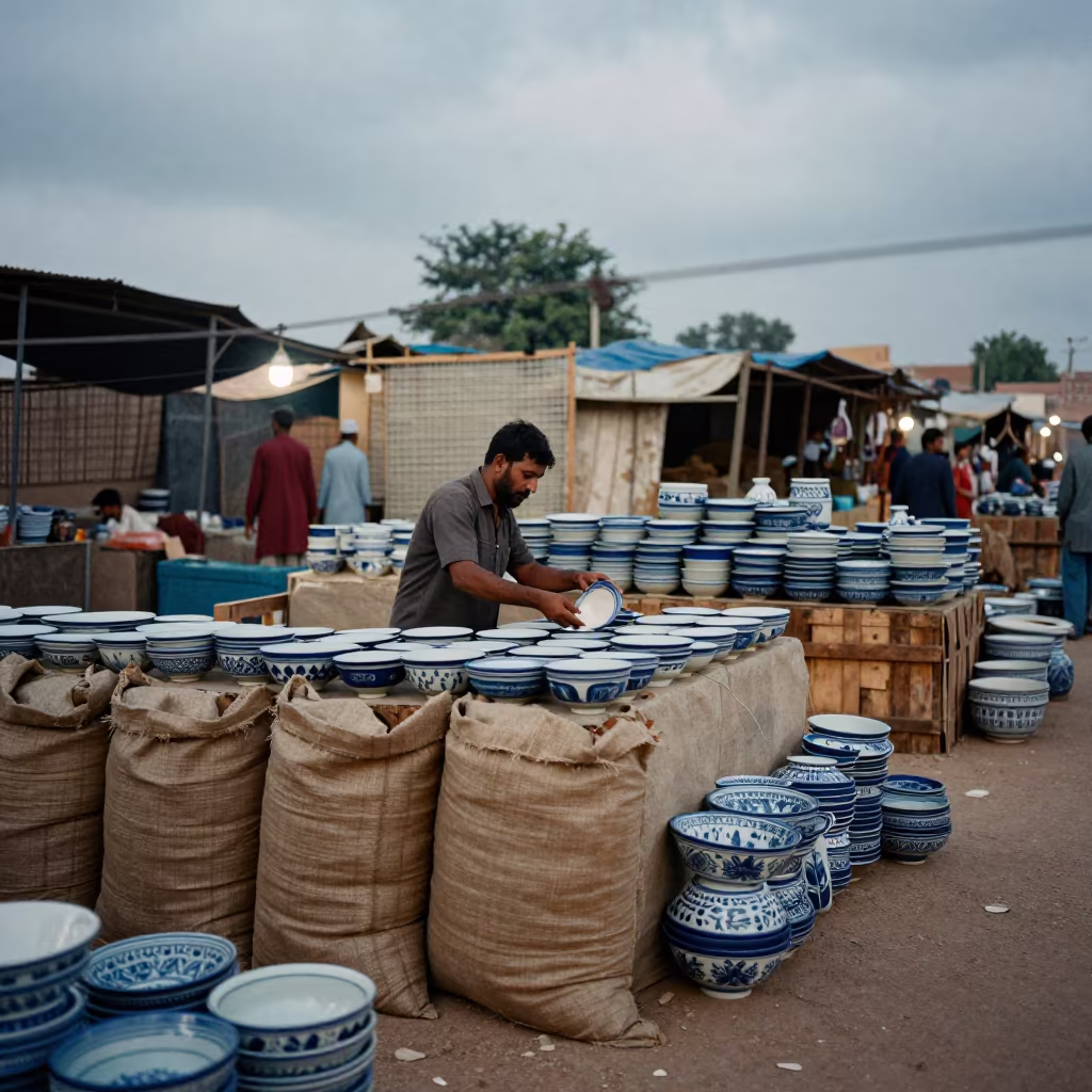 Glazed Bowls at Chiniot Market Dusk in at a market stall in Chiniot