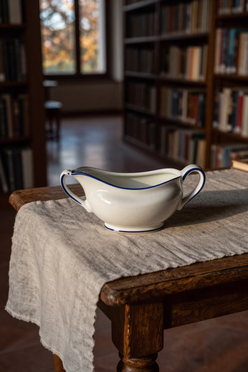 Glazed Gravy Boat on Library Table Before Dawn in on a dusty library table in Valencia