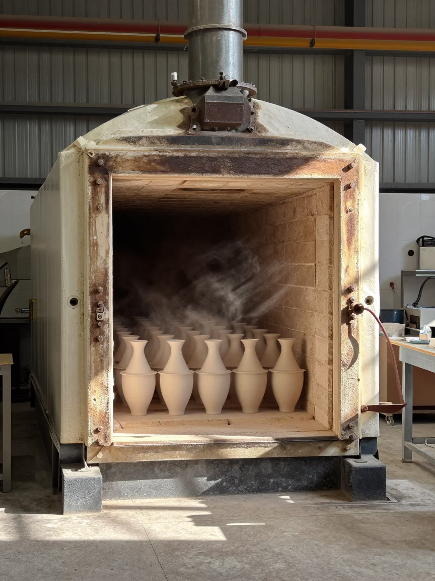 Glazed Pottery Rows Inside Industrial Kiln London in in a machine shop near Brixton, London