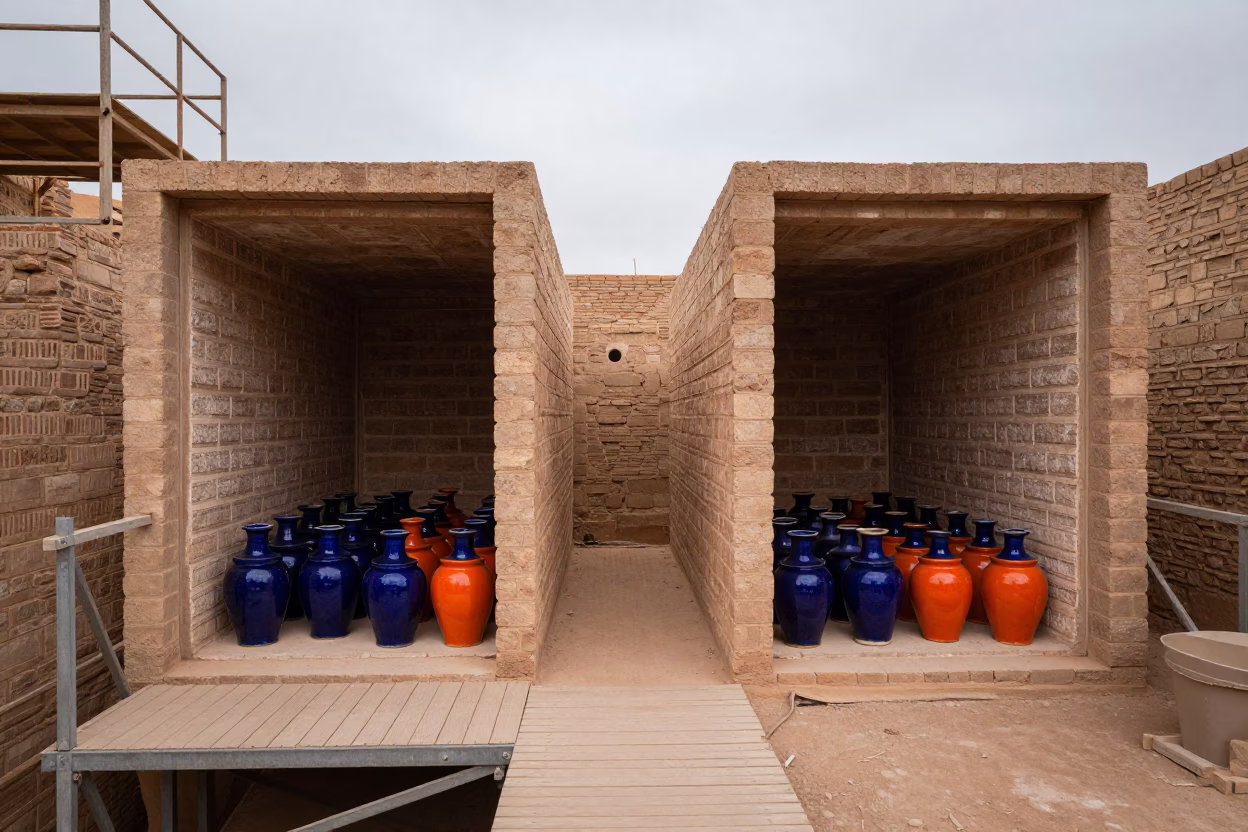 Glazed Pottery Rows in Kiln Agadir in on a scaffold platform near Agadir