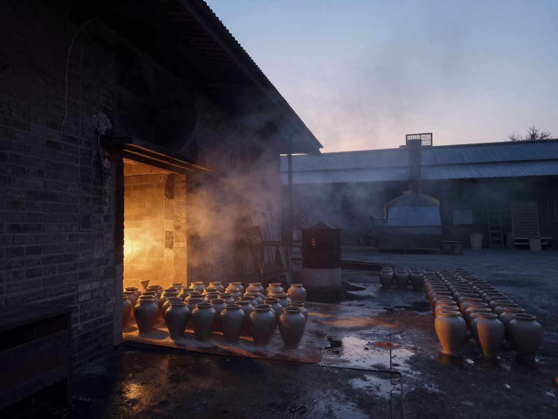 Glazed Pottery Rushing from Kiln at Twilight in beside a blast furnace near Banos