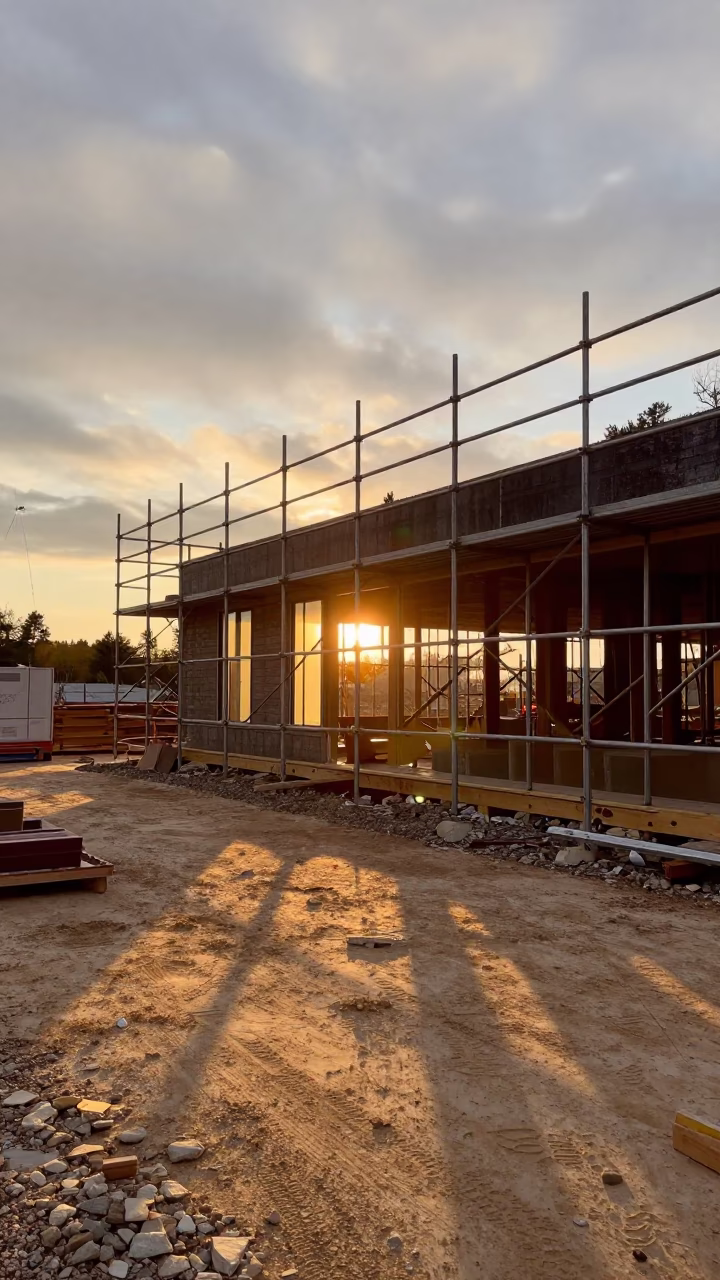 Glazing Block Drawer on Maine Scaffold in Evening in along a scaffolded facade in Maine