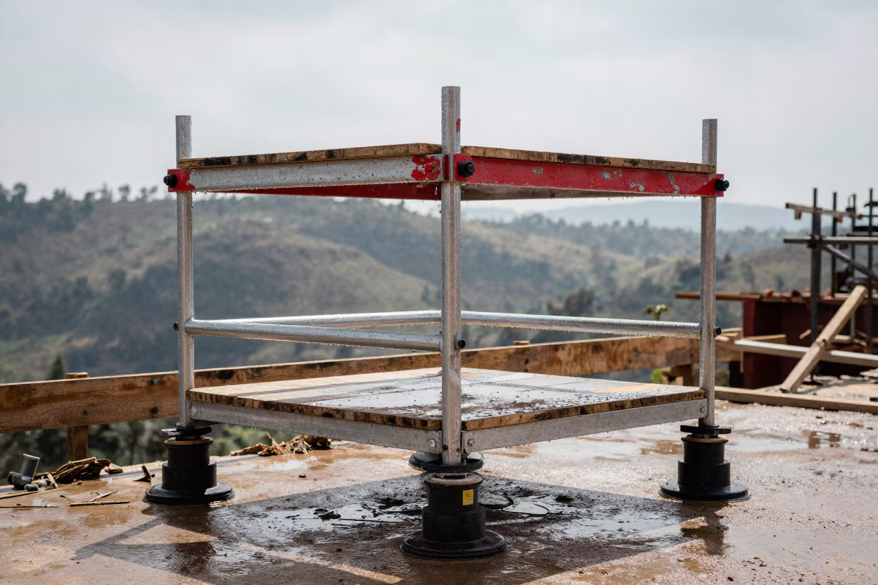 Glazing Cart on Scaffolded Facade in Zambia in along a scaffolded facade in Zambia
