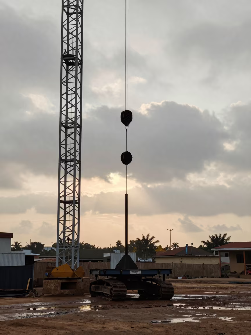 Glazing Cart Under Crane at Dawn in beneath a tower crane on open ground in Grand-Bassam