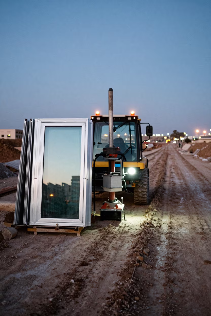 Glazing Crew Rig at Dusk Near Shibin Al Kawm in at a muddy site access road near Shibin Al Kawm