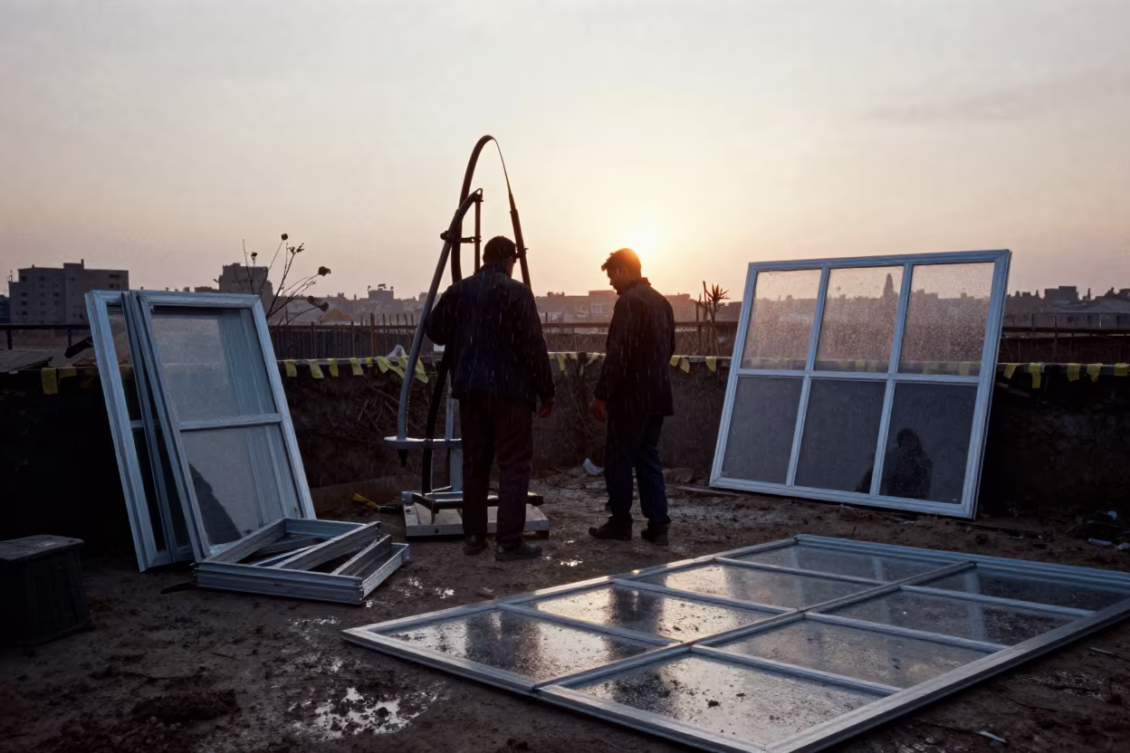 Glazing Crew Rig Sunset Winter Iraq in inside a taped-off excavation edge in Iraq