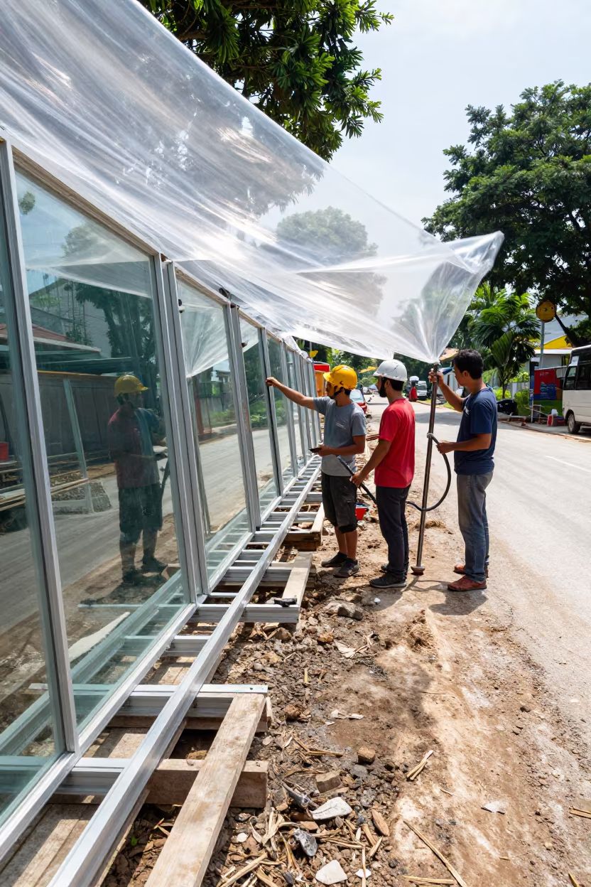 Glazing Crew Suction Rig Amidst Aluminum Frames in at a muddy site access road in Singapore