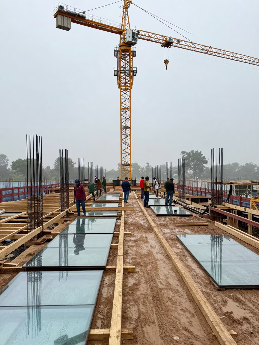 Glazing Install Area Under Crane in Karnataka in beneath a tower crane on open ground in Karnataka