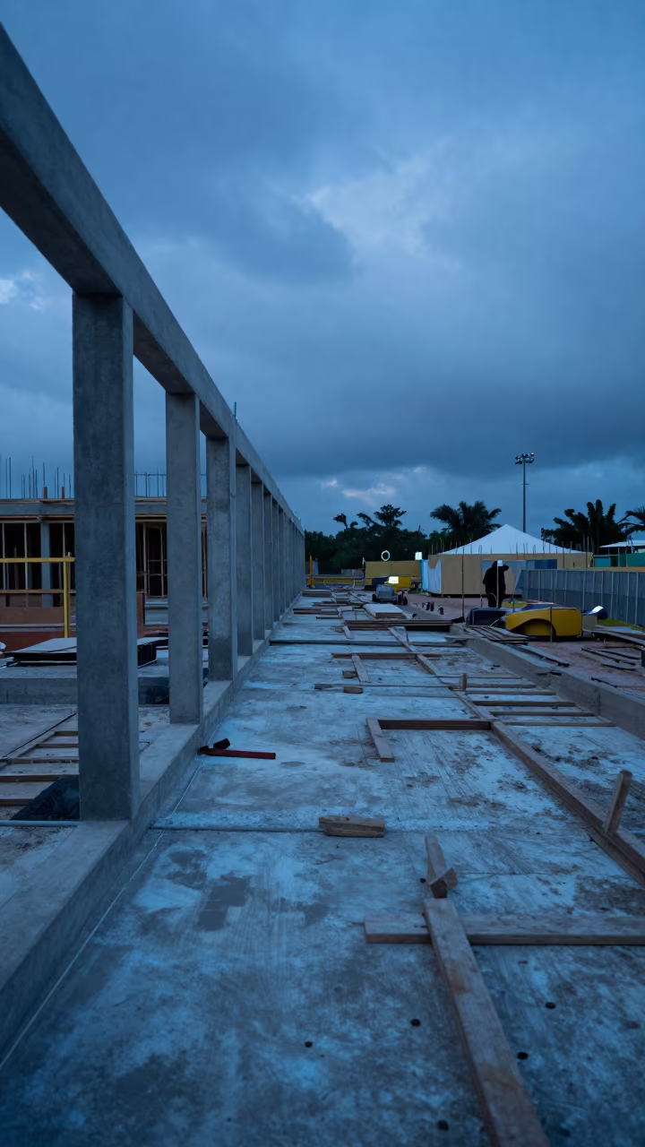 Glazing Install Site Under Blue Hour Twilight in beside a framed building shell in Panama City