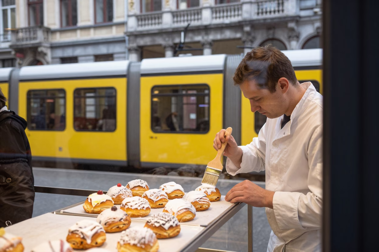 Glazing Pastries in Brussels in in Brussels, Belgium