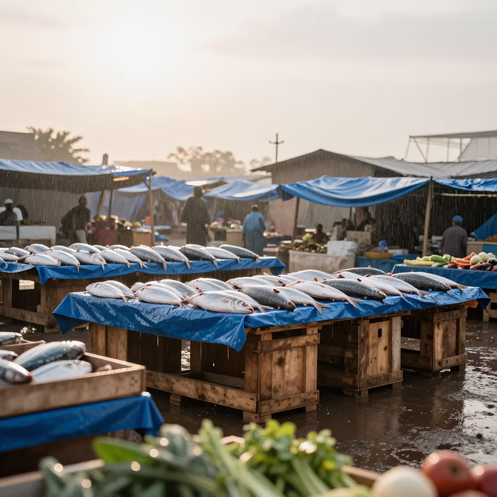 Gleaming Fish Slabs Under Blue Tarps in Thies Market in under a market canopy in Thies