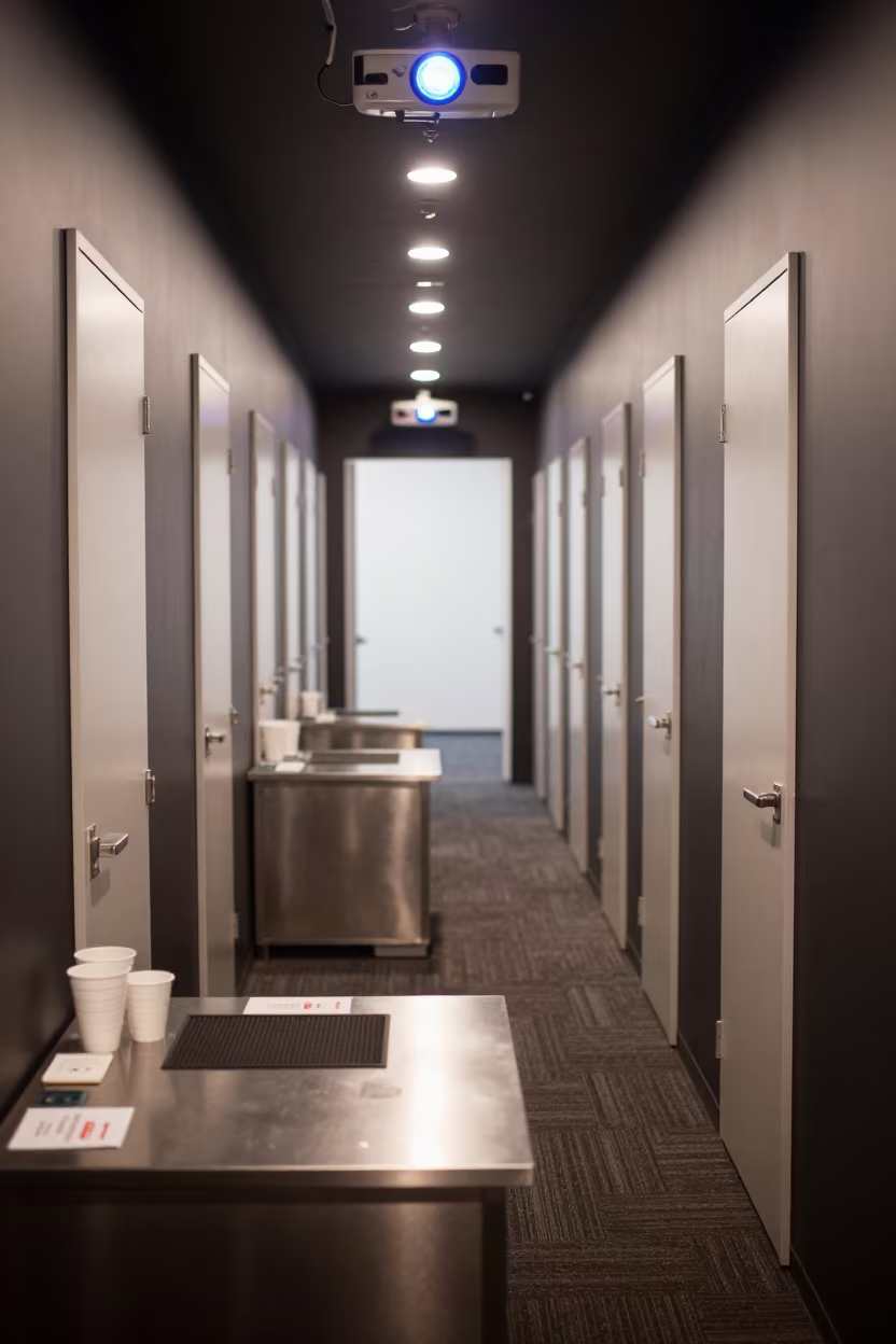 Glebe Operations Center Surreal Corridor Dawn in in an operations center under monitor glow in Glebe, Sydney