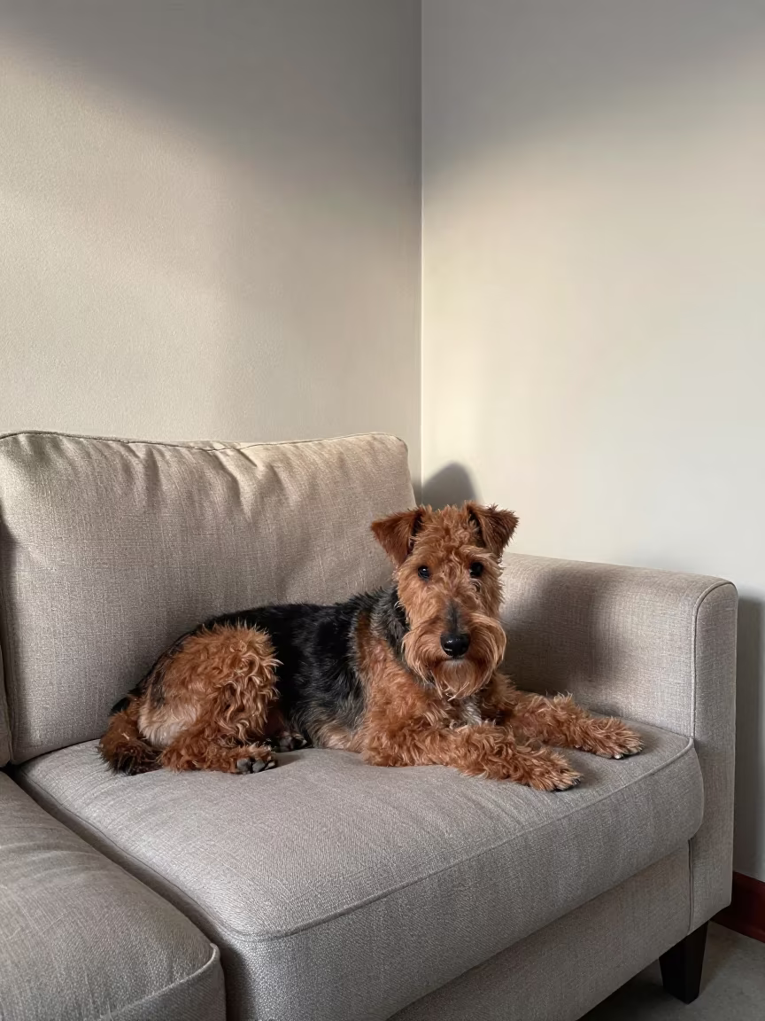 Glen of Imaal Terrier on Linen Sofa in Asmara in on a linen sofa with daylight from a nearby window in Asmara