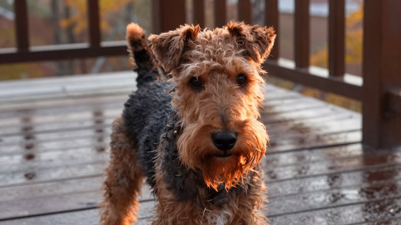Glen of Imaal Terrier on Pyongyang Porch in on a shaded front porch with boards, railings, and eye-level framing in Pyongyang