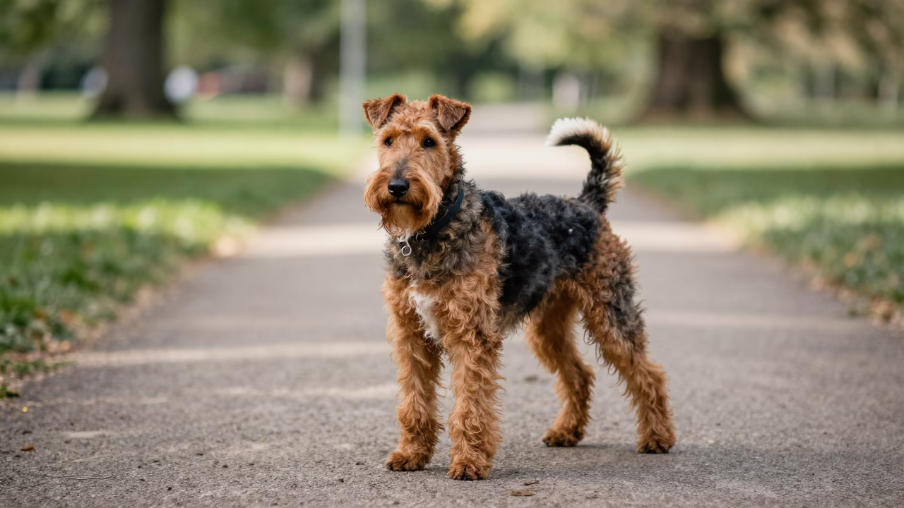 Glen of Imaal Terrier on Quiet Park Path in along a quiet park path with soft open shade and a clean background in Mascara