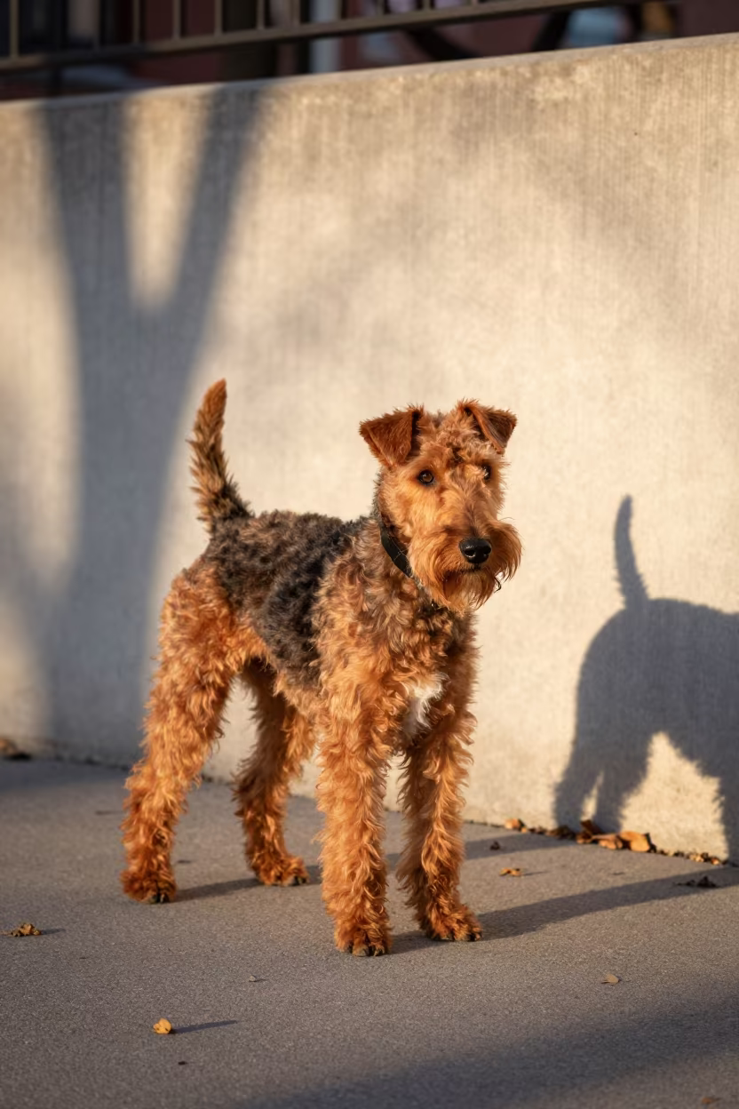 Glen of Imaal Terrier on Toronto Path in Evening Light in beside a plain courtyard wall in clear daylight with the animal at eye level near Toronto