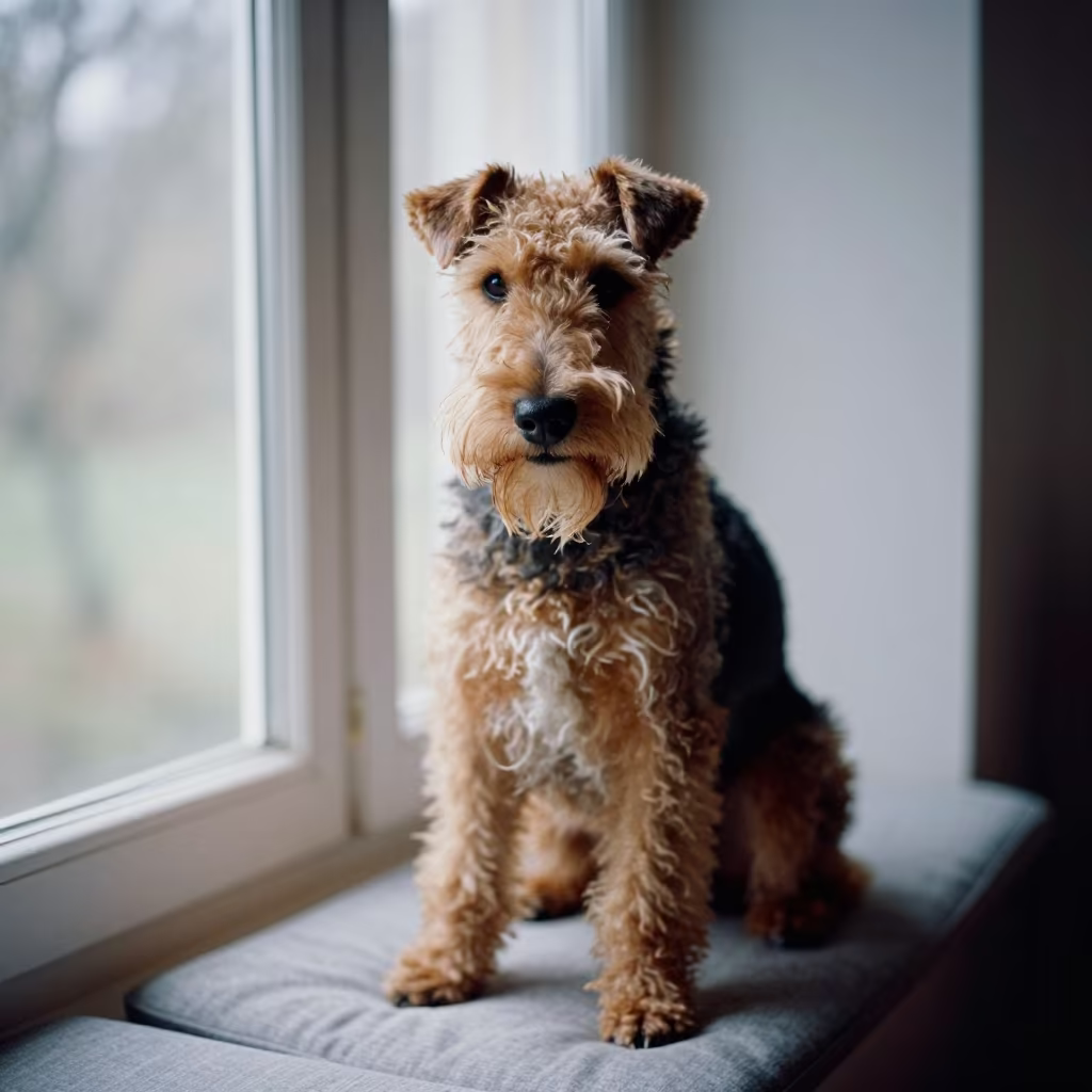 Glen of Imaal Terrier on Window Seat in on a cushioned window seat with soft side light and an uncluttered background near East Legon, Accra