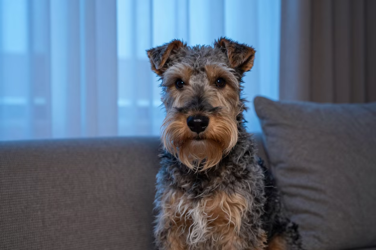 Glen of Imaal Terrier Portrait in Jeddah Twilight in on a sofa near a curtained window with calm indoor light in Jeddah