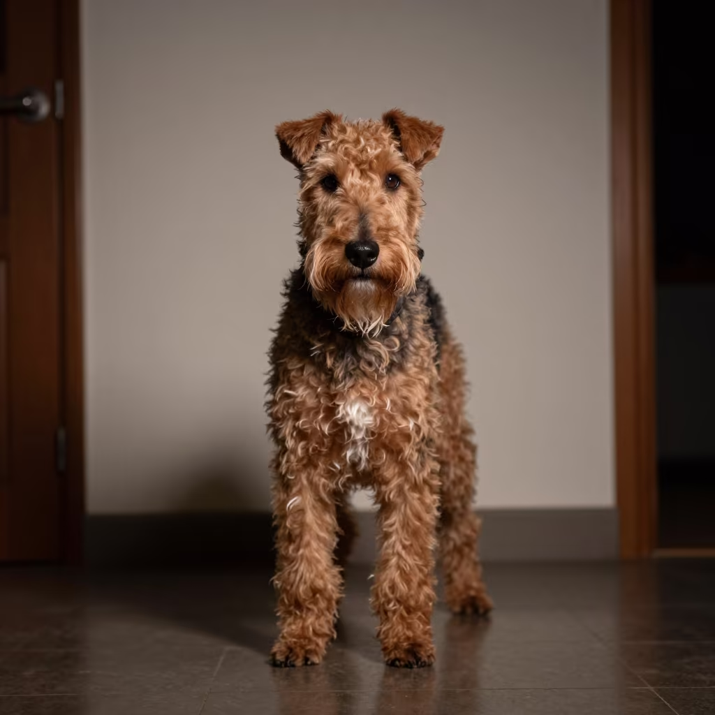 Glen of Imaal Terrier Portrait in Soft Indoor Light in beside a plain plaster wall in soft indoor light with the animal centered in frame in El Mahalla El Kubra