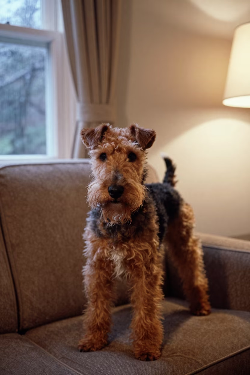 Glen of Imaal Terrier Portrait Indoor Eluru in on a sofa near a curtained window with calm indoor light in Eluru