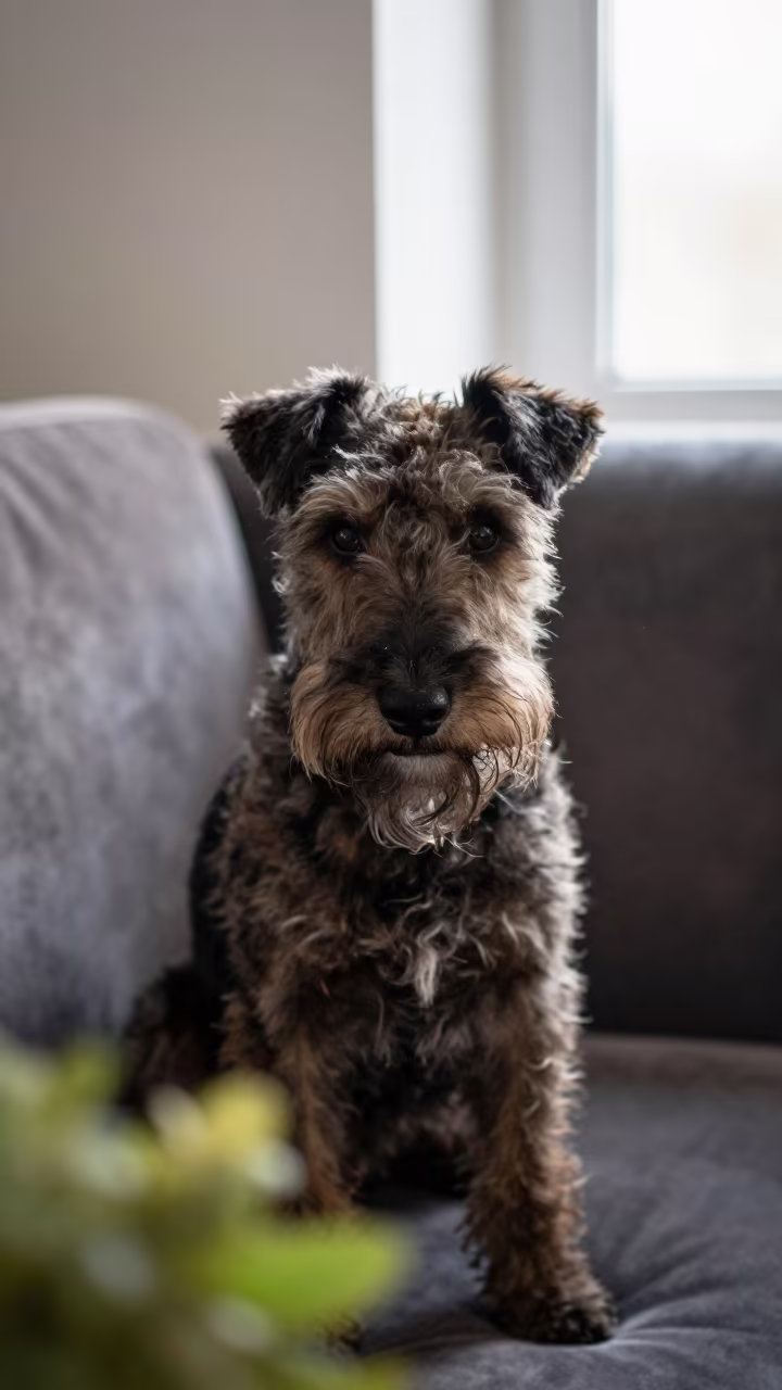 Glen of Imaal Terrier Portrait Near Trabzon Window in on a sofa near a curtained window with calm indoor light in Trabzon