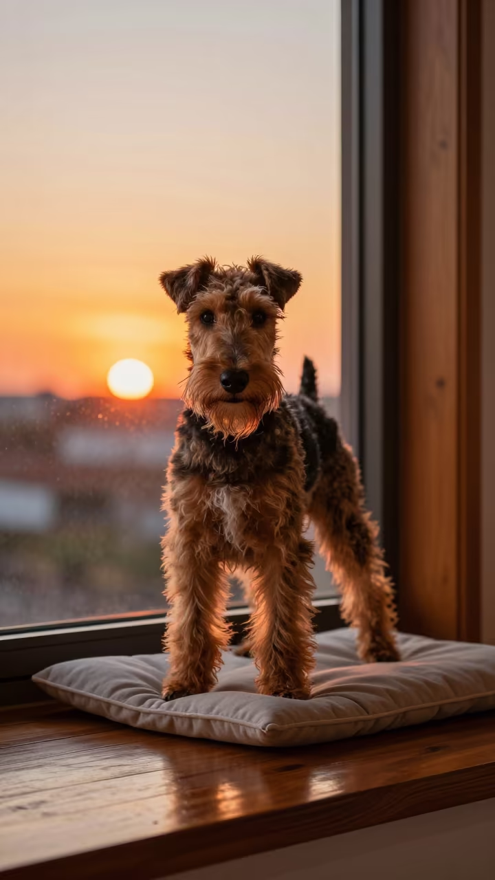 Glen of Imaal Terrier Portrait on Brasilia Window Seat in on a cushioned window seat with soft side light and an uncluttered background in Brasilia