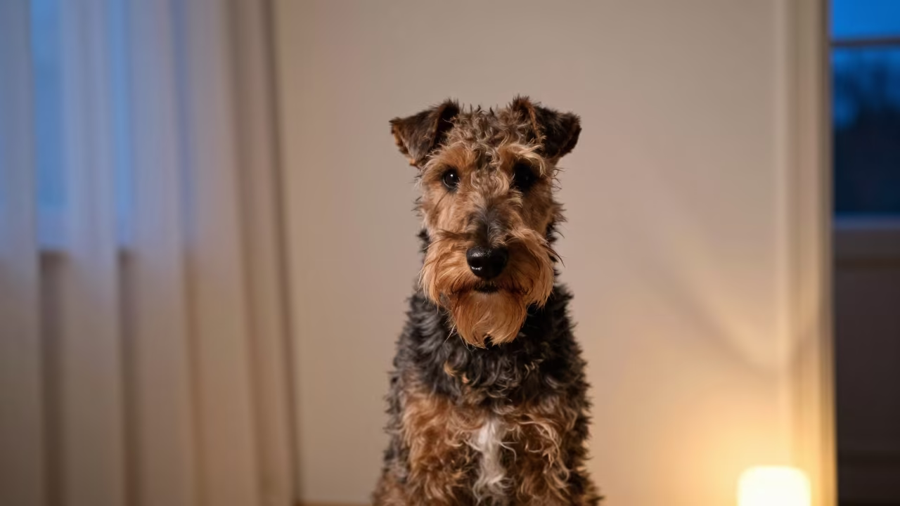 Glen of Imaal Terrier Portrait Soft Indoor Light in beside a plain plaster wall in soft indoor light with the animal centered in frame in Mandalay
