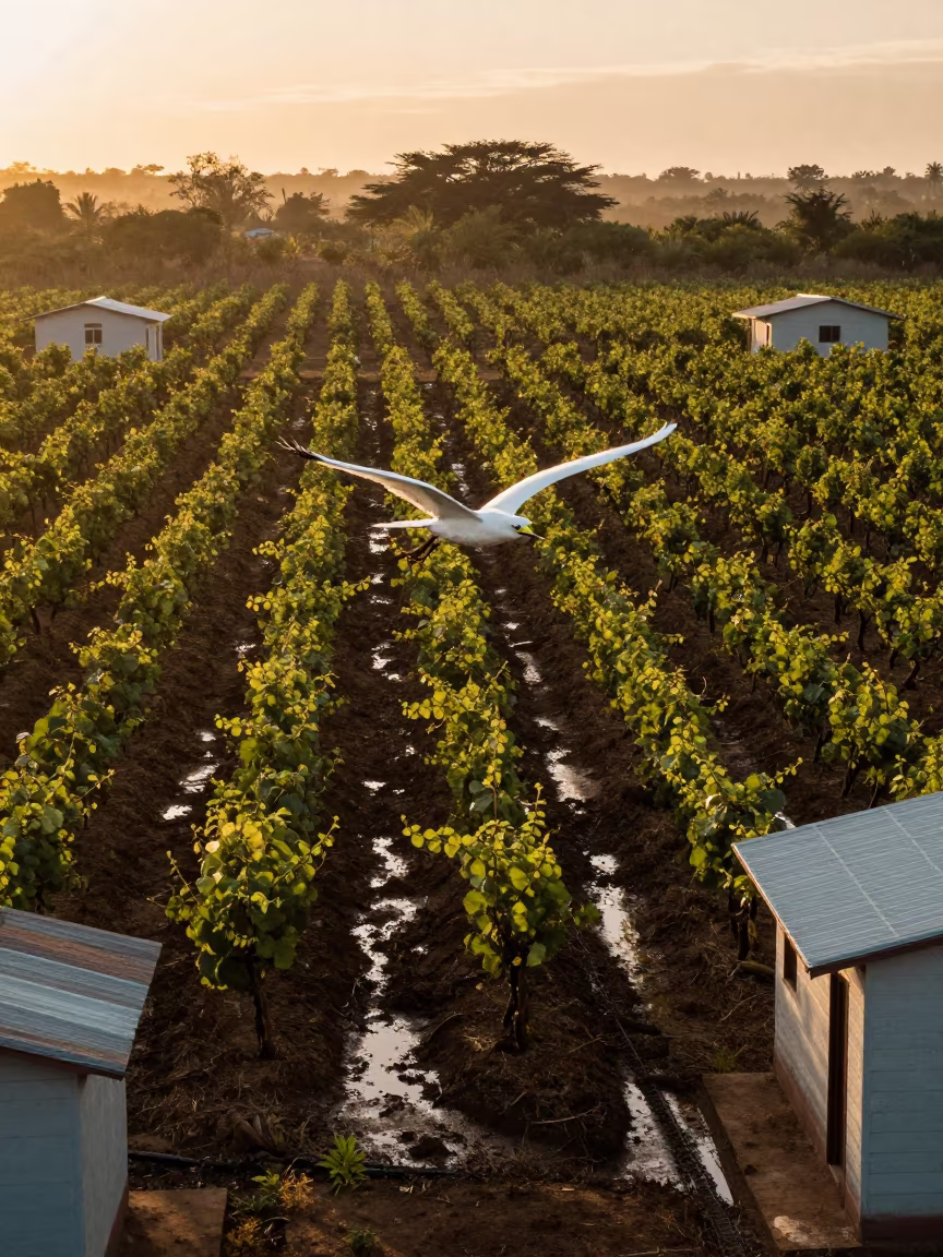 Glider Over Tiny Cuban Vineyard at Dawn in beside a tractor track through dark soil in Cuba