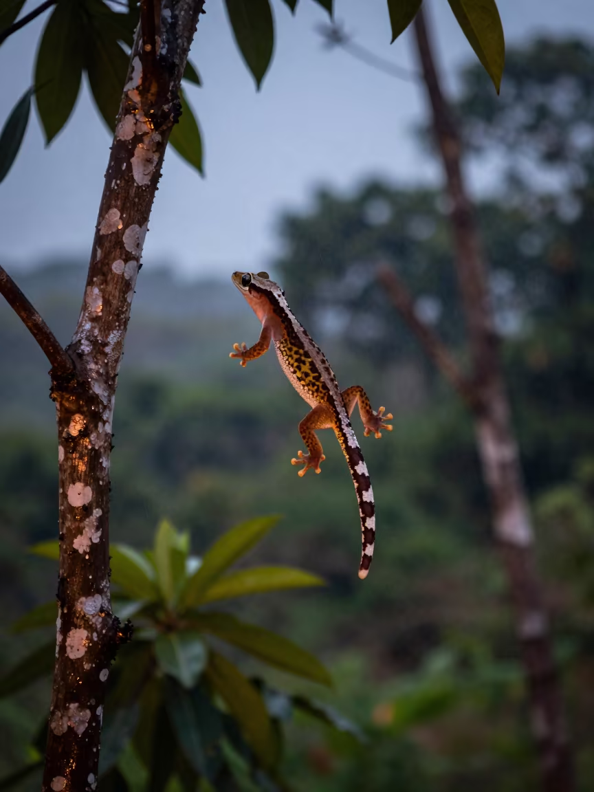 Gliding Gecko in Copper Light Before Dusk in along a game trail near Benin City