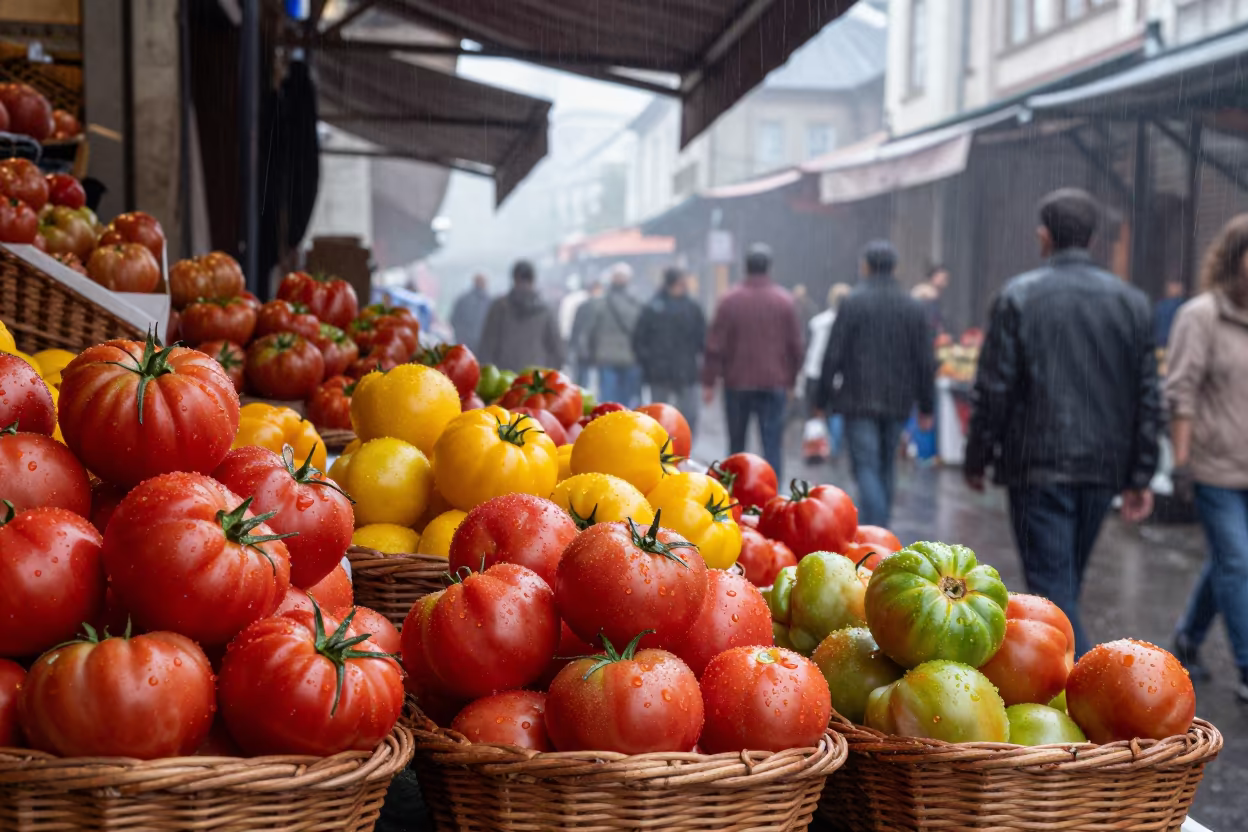 Glistening Heirloom Tomatoes Morning Market Istanbul in under a market canopy in Istanbul